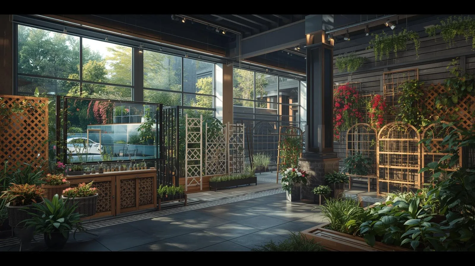 Garden enhanced with decorative trellises and privacy screens